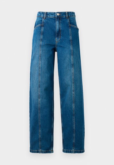 High-waisted blue denim jeans with wide legs, front vertical seams, side pockets, belt loops, and a button closure.