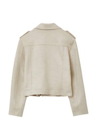 Beige Kunstlederjacke mit Kragen, Schulterklappen und kurzem Design. Glatte Textur mit sichtbaren Nähdetails.