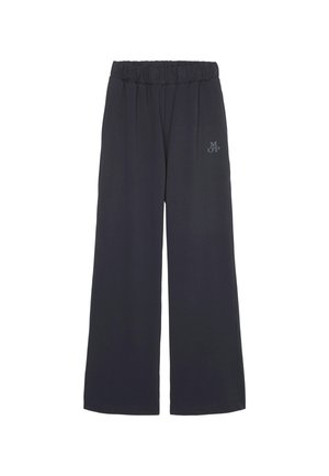 Donkergrijze, wijde broek met een elastische tailleband en een subtiele geborduurde logo aan de onderzijde van de linkerzijde. Zachte stof met een gladde textuur.