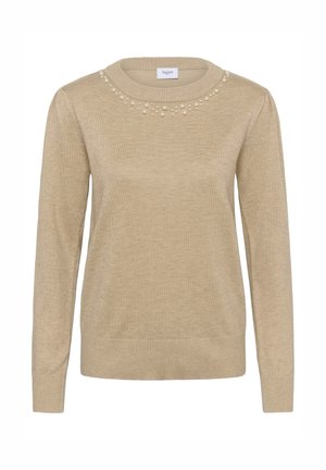 Beige Langarmpullover mit Rundhalsausschnitt, strukturiertem Stoff und dekorativen Perlenakzenten entlang des Kragens. Weiches, figurbetontes Design.