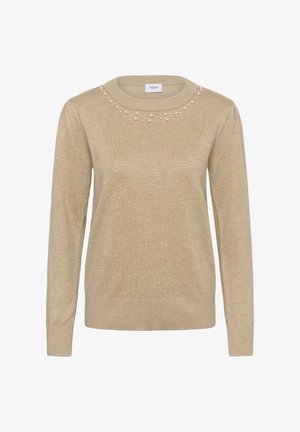 Beige pitkähihaine neulepaita, jossa on pyöreä pääntie, tekstuurikangas ja koristeelliset helmiakcentit kaulalla. Pehmeä, vartalonmyötäinen muotoilu.