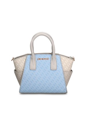 Petit sac trapèze avec devant bleu clair, côtés beiges, anses beiges, motif subtil et plaque logo de marque dorée.