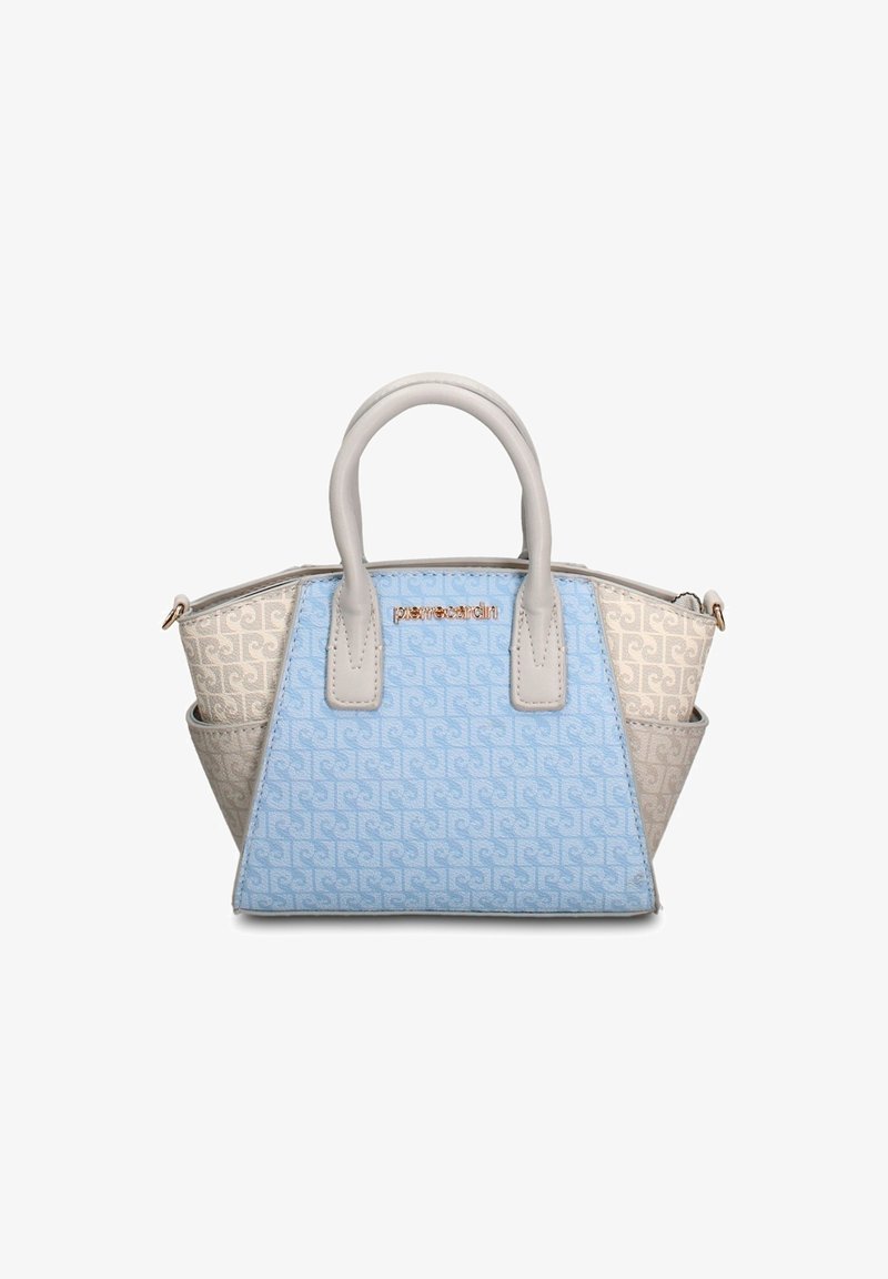 Petit sac trapèze avec devant bleu clair, côtés beiges, anses beiges, motif subtil et plaque logo de marque dorée.
