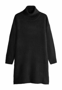 Černý rolákový svetr z měkké, texturované látky. Má volný střih, dlouhé rukávy a žebrované detaily na manžetách a lemu.