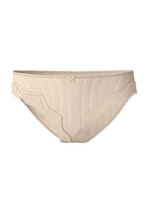 Completo intimo da donna beige con bordi in pizzo, caratterizzato da una texture a costine, bordi ondulati e un piccolo fiocco al centro anteriore.