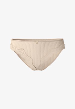 Completo intimo da donna beige con bordi in pizzo, caratterizzato da una texture a costine, bordi ondulati e un piccolo fiocco al centro anteriore.