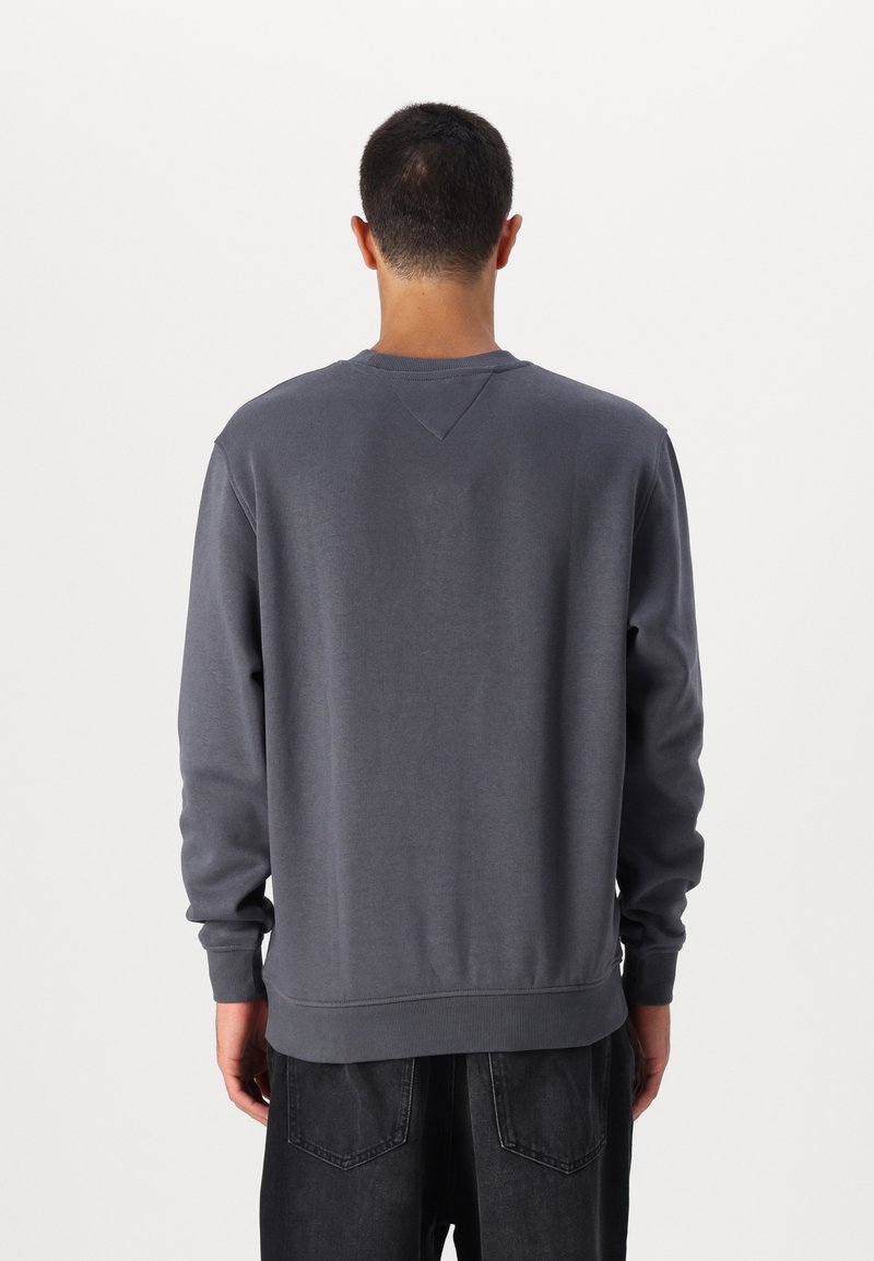 Felpa grigia in cotone con maniche lunghe, polsini e orlo a coste, e scollatura a girocollo. Presenta un dettaglio a cucitura triangolare sul retro.