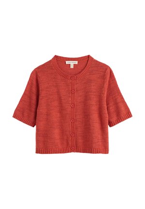 Korte mouwen, cropped, roest-oranje gebreid vest met ronde halslijn en knoopsluiting aan de voorkant.