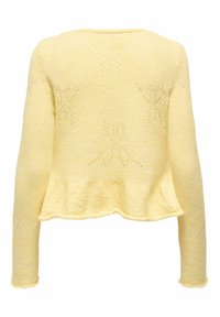 Yellow knitted sweater with long sleeves, features a peplum hem and intricate textured patterns on the back. Soft, lightweight material.