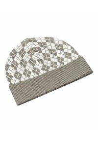 Cappello beanie con un motivo a rombi lavorato a maglia in bianco e grigio chiaro, con un bordo a coste grigio solido. Texture morbida, forma aderente.