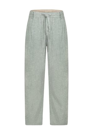Hellgraue Leinenhose mit geradem Schnitt, elastischem Bund und vorderem Kordelzug.