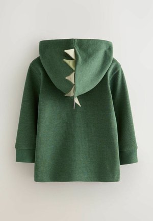Grüner Sweatshirt mit einem strukturierten Muster, ausgestattet mit einer Kapuze, die entlang der Mitte des Rückens mit hellgrünen Dinosaurier-Stacheln verziert ist.