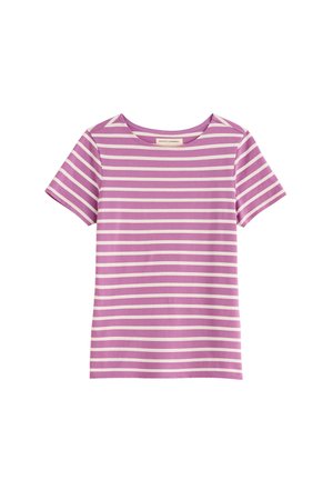 Short-sleeve crewneck t-shirt with horizontal white and light purple stripes, made of soft fabric, laid flat on a white background.