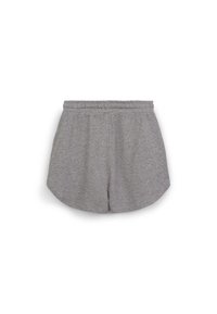 Shorts grigi in cotone con una texture morbida, dotati di una vita elasticizzata e di un orlo arrotondato per un fit rilassato. Nessun motivo o accento visibile.