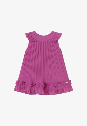 Abito plissettato fucsia con spalline arricciate e orlo arricciato. Tessuto morbido con scollatura aderente e dettagli decorativi.