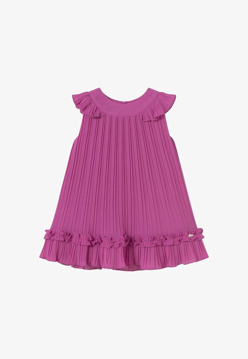 Abito plissettato fucsia con spalline arricciate e orlo arricciato. Tessuto morbido con scollatura aderente e dettagli decorativi.