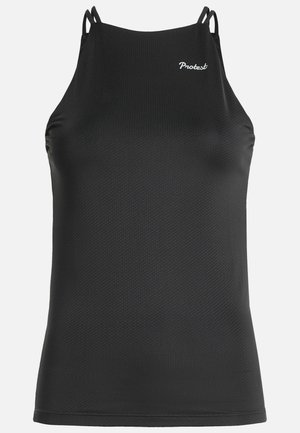 Schwarzes sportliches Tanktop aus strukturiertem Stoff, mit dünnen Trägern und einem kleinen Logo oben links.