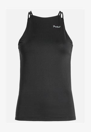 Schwarzes sportliches Tanktop aus strukturiertem Stoff, mit dünnen Trägern und einem kleinen Logo oben links.