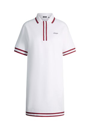 Biała sukienka polo z krótkim rękawem, z czerwono-czarnym paskowanym wykończeniem na kołnierzu, mankietach rękawów i dolnym brzegu, z małym logo „JOOP!” na piersi.