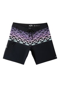 Svarta badshorts med ett gradient geometriskt mönster i lila och teal upptill, med dragsko i midjan och sidoficka.