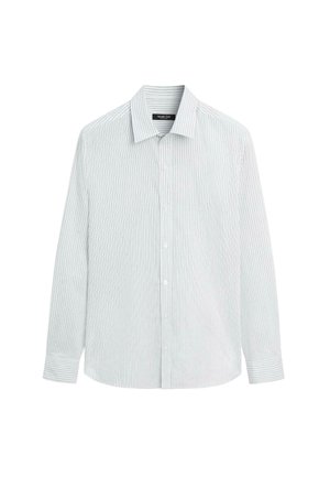 Hellblau-weiß gestreiftes Langarmhemd mit klassischem Kragen, durchgehender Knopfleiste und einarmigen Manschetten. Aus Baumwollmaterial.