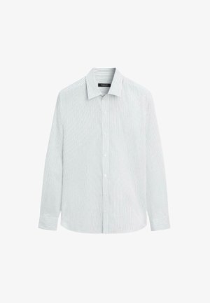 Lichtblauw-wit gestreept overhemd met lange mouwen, voorzien van een klassieke kraag, knoopsluiting aan de voorkant en manchetten met één knoop. Gemaakt van katoen.