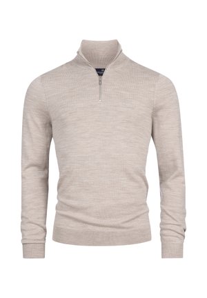 Beige Zip-Hals-Pullover aus weichem Strickstoff. Verfügt über lange Ärmel und ein figurnahes Design mit einem gerippten Kragen und Bündchen.