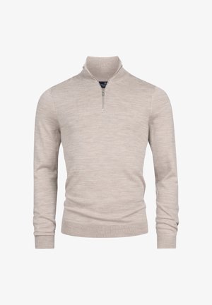 Beige Zip-Hals-Pullover aus weichem Strickstoff. Verfügt über lange Ärmel und ein figurnahes Design mit einem gerippten Kragen und Bündchen.