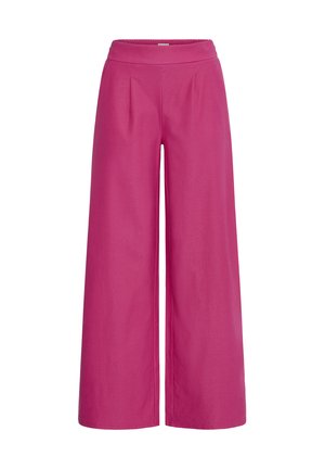 High-waisted, wide-leg pants in solid bright pink with a fitted waistband and subtle front pleats.