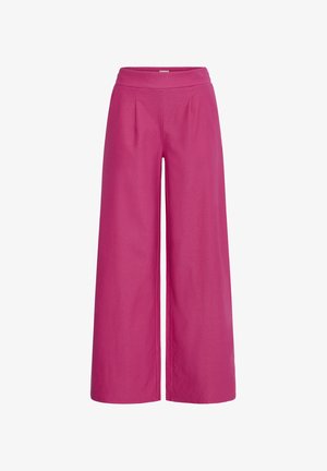 Broek met hoge taille en wijde pijpen in helder roze effen kleur met een aansluitende tailleband en subtiele plooien aan de voorkant.
