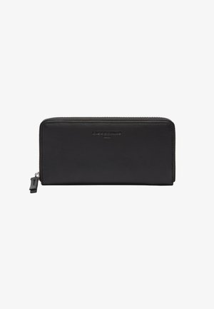 Czarny skórzany portfel z zamkiem błyskawicznym. Posiada tłoczone logo marki na froncie, minimalistyczny design i gładką fakturę.