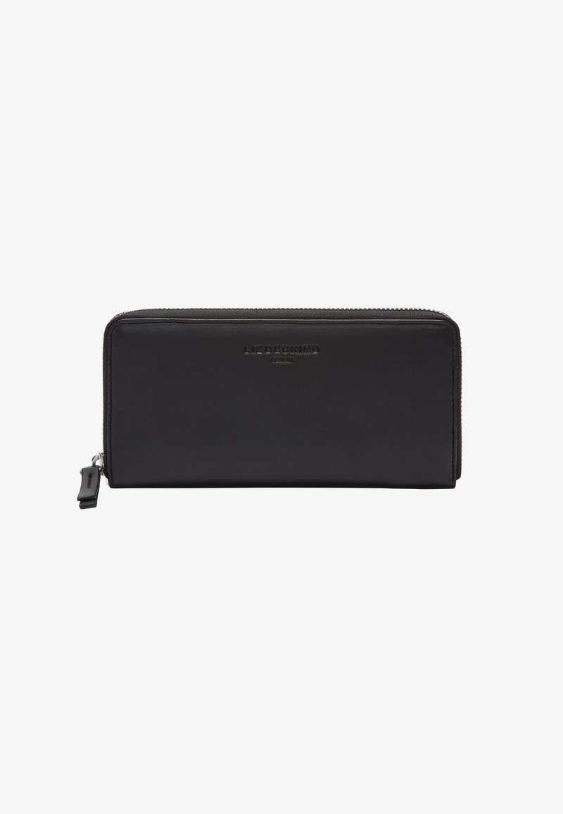 Schwarze Lederbrieftasche mit Reißverschluss. Verfügt über ein geprägtes Markenlogo auf der Vorderseite, minimalistisches Design und glatte Textur.