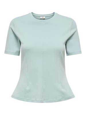 Haut ajusté bleu clair à manches courtes avec encolure ronde et détails subtils de coutures à l'avant et sur les côtés.