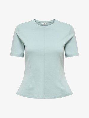 Haut ajusté bleu clair à manches courtes avec encolure ronde et détails subtils de coutures à l'avant et sur les côtés.