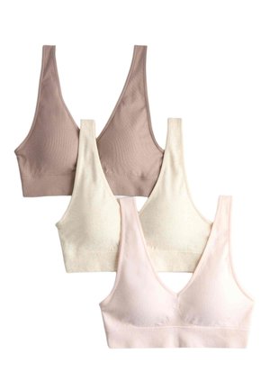Set di quattro bralette morbide, wireless, senza cuciture in beige, crema e rosa chiaro con spalline larghe e scollo a V.