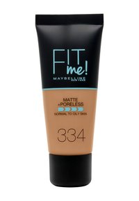 Fond de teint Maybelline Fit Me ! en tube ; capuchon noir, base beige ; offre une texture mate pour peau normale à grasse ; teinte 334.