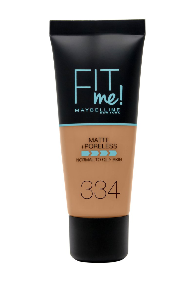 Fond de teint Maybelline Fit Me ! en tube ; capuchon noir, base beige ; offre une texture mate pour peau normale à grasse ; teinte 334.