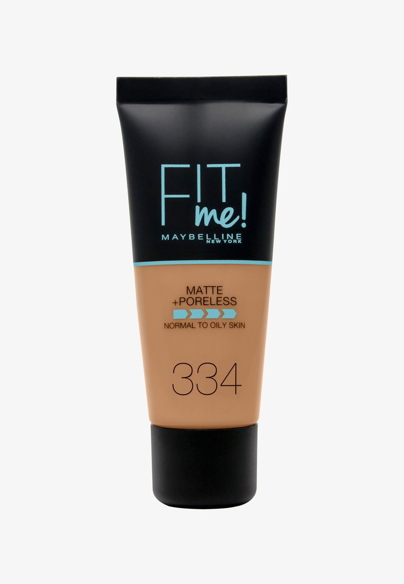 Maybelline Fit Me! foundation in tube packaging; black cap, tan base; offers matte texture for normal to oily skin; shade 334.