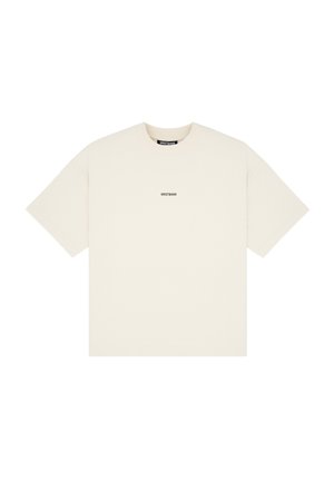 Cream-colored cotton t-shirt with short sleeves, round neckline, and printed logo in black at the center. Simple, unembellished design.