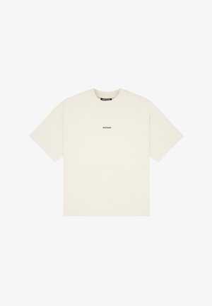 Cream-colored cotton t-shirt with short sleeves, round neckline, and printed logo in black at the center. Simple, unembellished design.