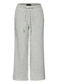 Striped wide-leg pants in gray and white, featuring an elastic waistband with a drawstring. Made of lightweight, textured fabric.