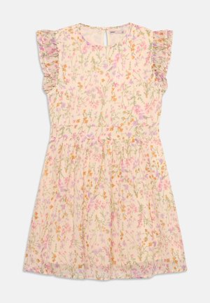 Vestido sin mangas de color crema con estampado floral rosa, naranja y verde, hombros con volantes y pequeño cierre con botón en forma de ojo de cerradura en la espalda.