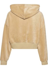 Haut hoodie court en velours côtelé tan clair, avec une capuche, des poignets côtelés et une ceinture lisse. Motif texturé sur l'ensemble.