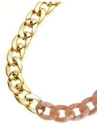 Goldene Metallkette, die große Glieder mit durchsichtigen pinken Gliedern abwechselt und eine glatte, polierte Oberfläche zeigt.