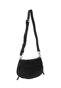 Borsa a spalla in pelle nera con forma curvata, superficie testurizzata, tracolla regolabile e dettagli in metallo argentato.