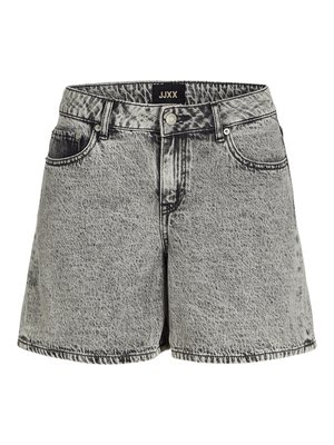 Shorts en denim noir et gris avec taille haute, design à cinq poches et ourlet effiloché. Présente une texture délavée et une fermeture à bouton en métal.