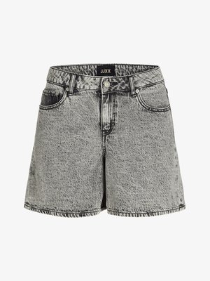 Svarta och grå denimshorts med hög midja, femficksdesign och fransat nederkant. Har en blekt textur och metallknappstängning.