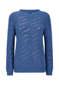 Blauer Strickpullover mit langen Ärmeln, Rundhalsausschnitt und strukturiertem Muster mit diagonalen Linien und offenen Maschen.