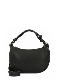 Borsa a tracolla in pelle nera con forma arrotondata, esterno testurizzato, manico superiore torcigliato e tracolla regolabile. Chiusura con zip e dettaglio del logo.