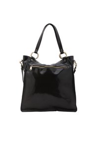 Zwarte gepatineerde leren handtas met twee handvatten, een ritsvak aan de voorkant, gouden beslag en een gladde, glanzende afwerking.